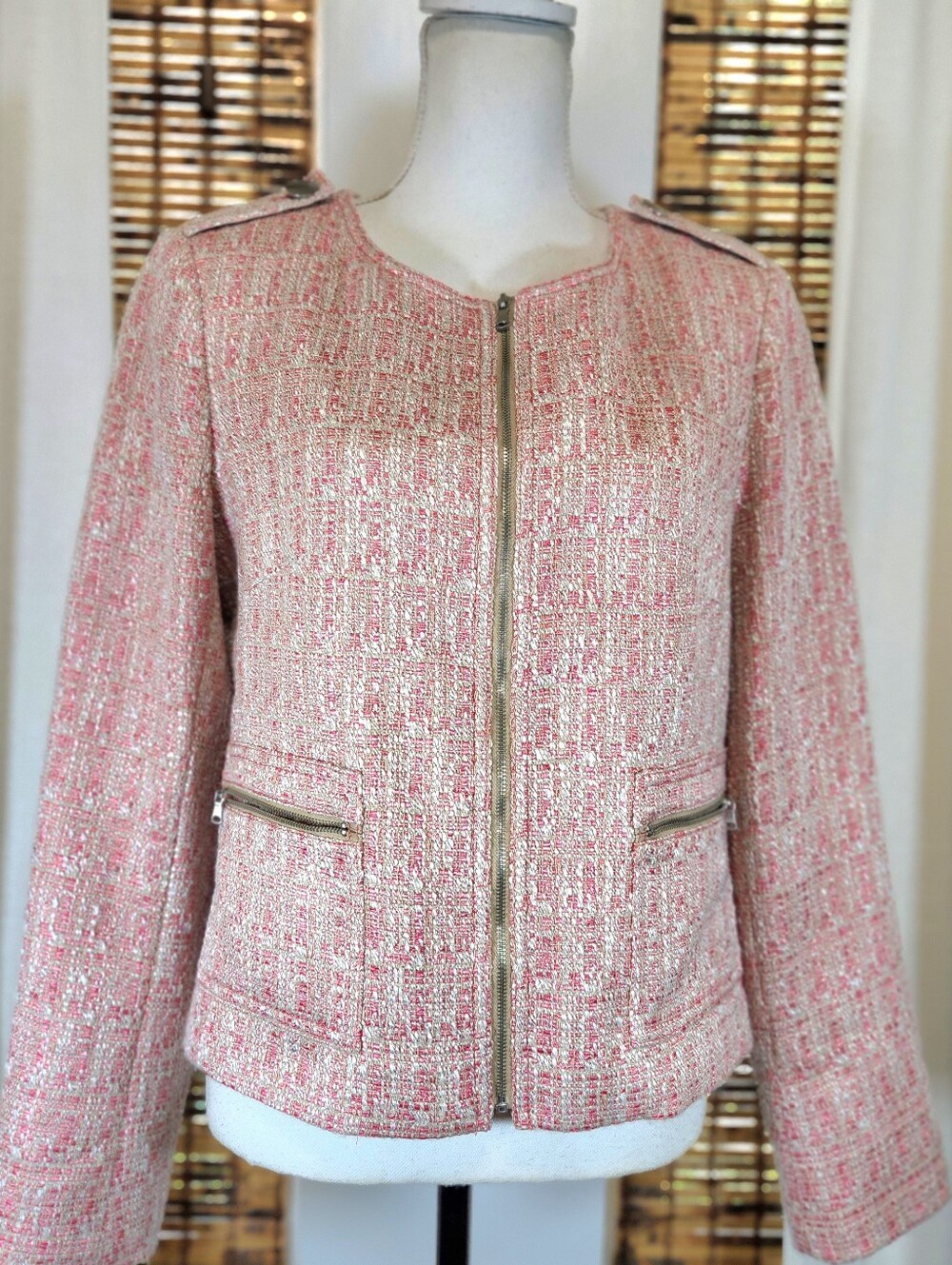 Talbots Pink Tweed Jacket Full Zip Blazer Moto Style Women’s Size 10